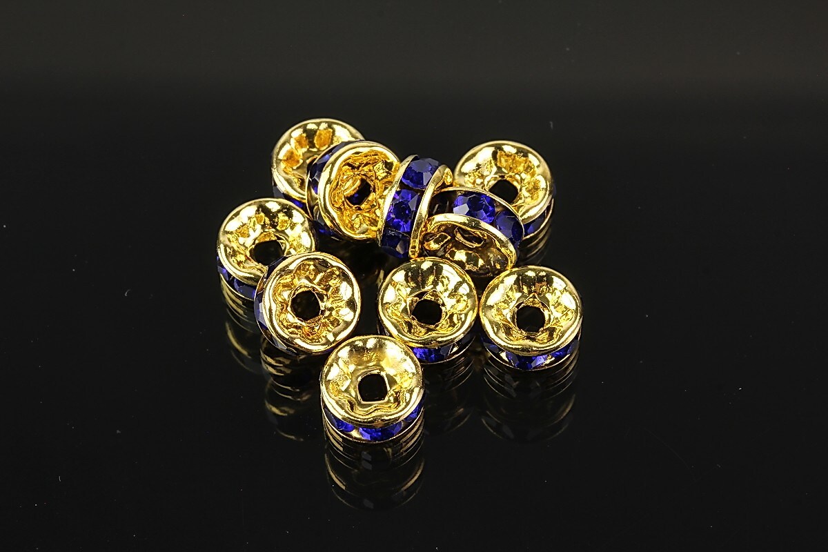 Distantiere aurii cu rhinestones albastru cobalt 8mm (rondele 3,5x8mm)