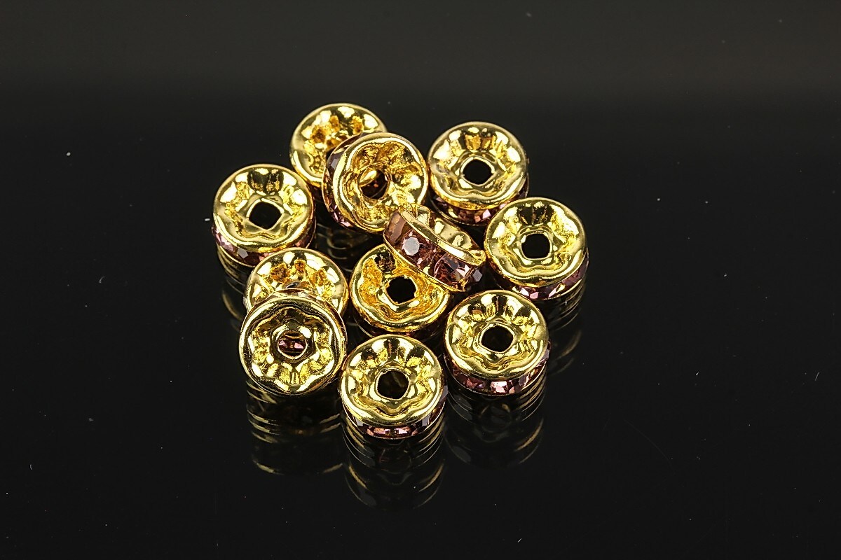 Distantiere aurii cu rhinestones mov grena 8mm (rondele 3,5x8mm)