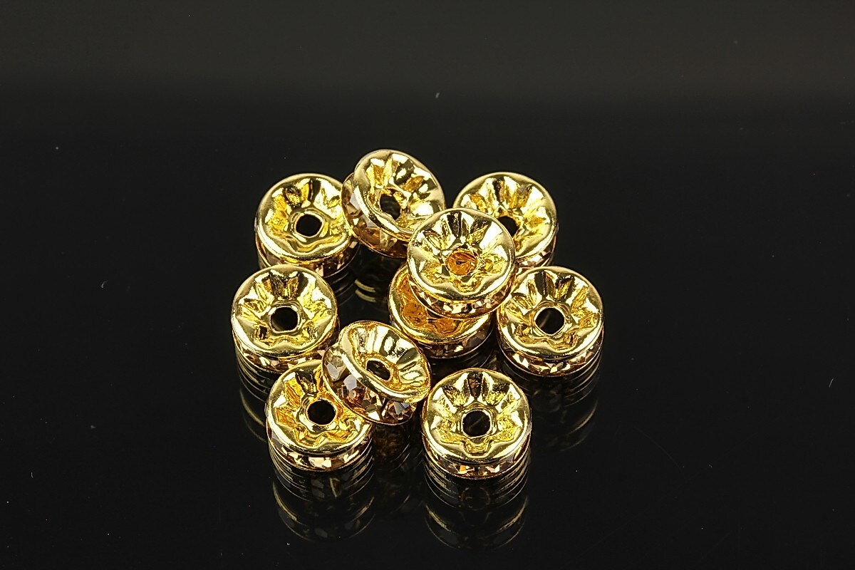 Distantiere aurii cu rhinestones maro deschis 8mm (rondele 3,5x8mm)