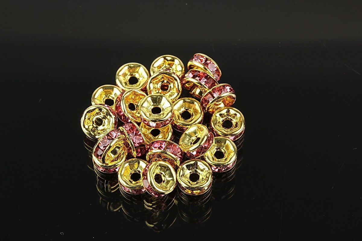 Distantiere aurii cu rhinestones roz 6mm (rondele 3x6mm)