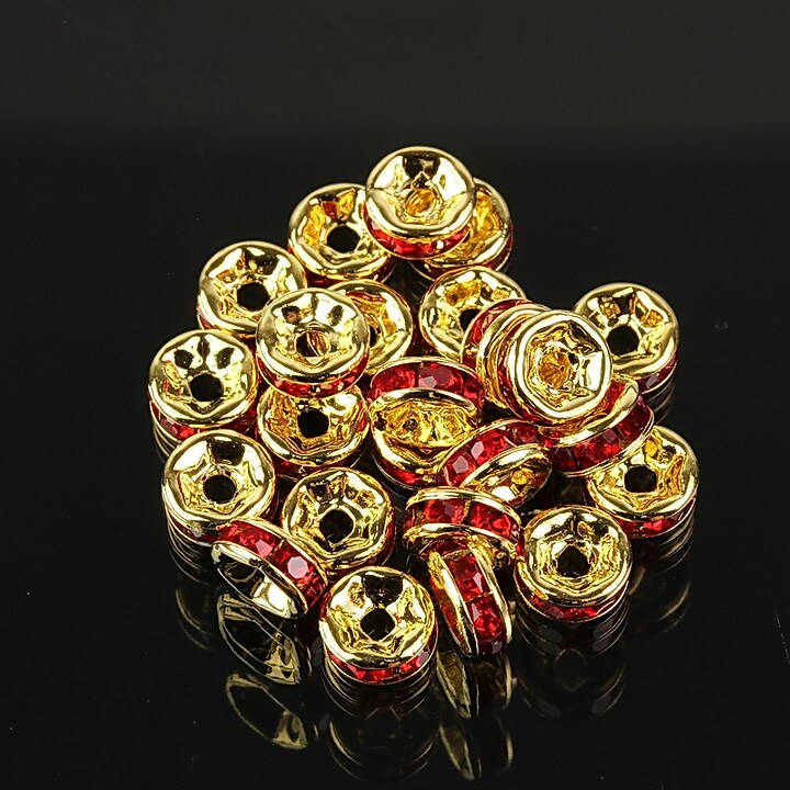 Distantiere aurii cu rhinestones rosii 6mm (rondele 3x6mm)