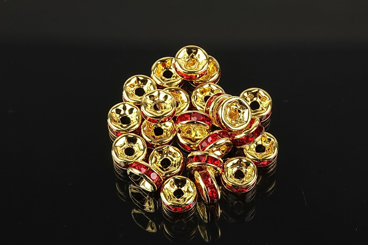 Distantiere aurii cu rhinestones rosii 6mm (rondele 3x6mm)