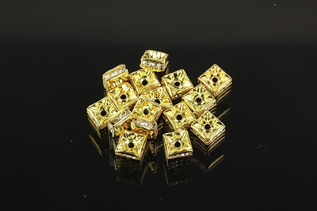 Distantiere aurii patrate cu rhinestones albe 5x5mm (2,5x5x5mm)