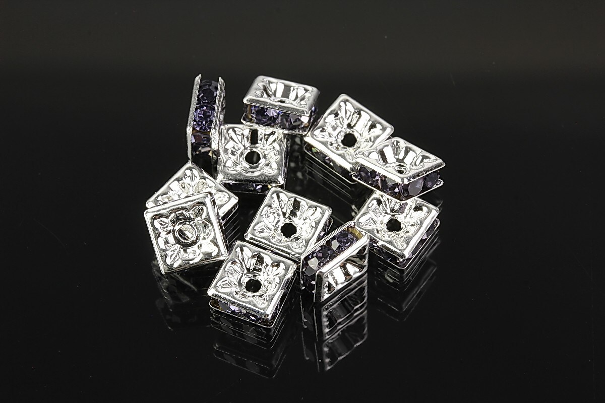 Distantiere argintii patrate cu rhinestones mov 7x7mm (3x7x7mm)