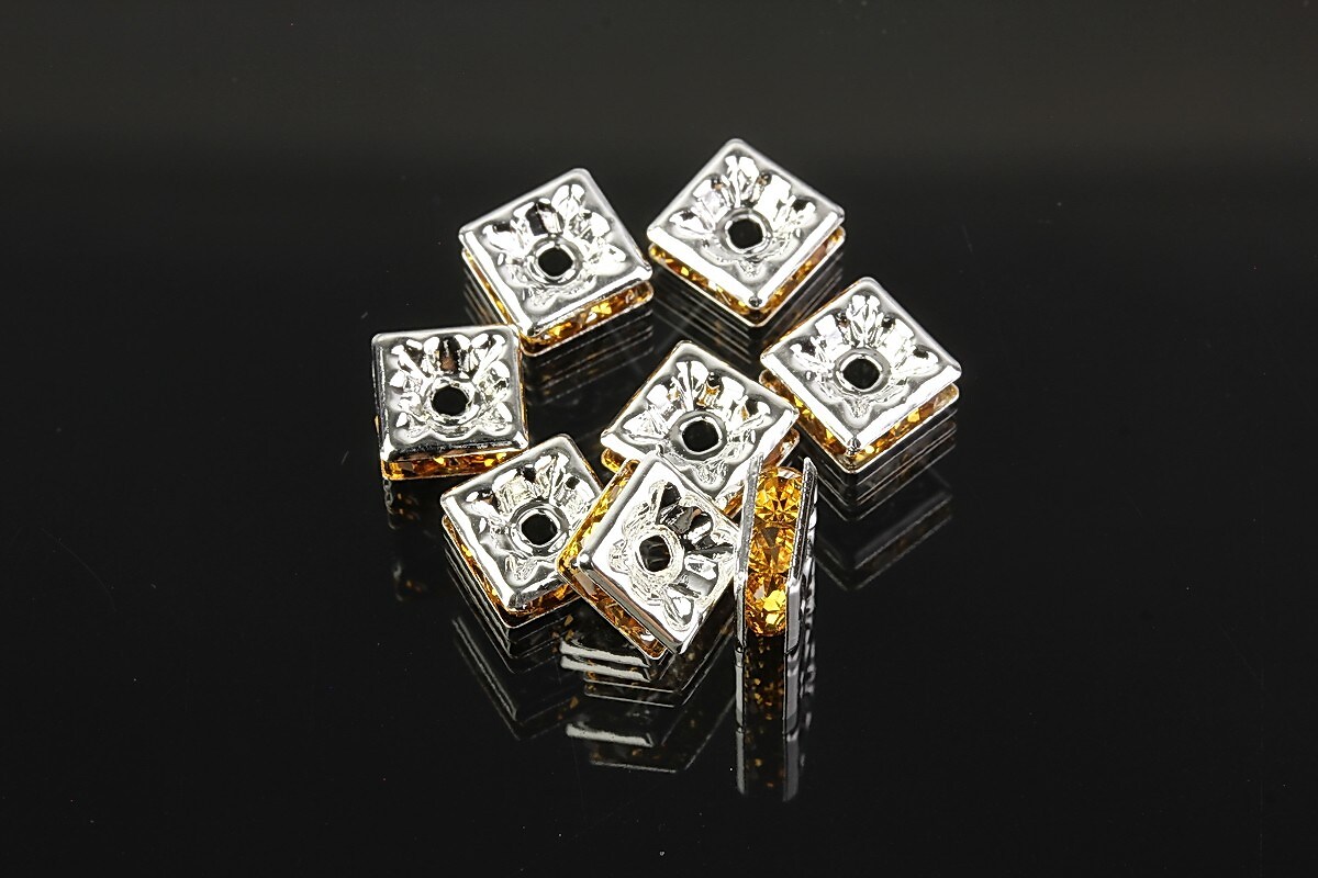 Distantiere argintii patrate cu rhinestones galbene 7x7mm (3x7x7mm)