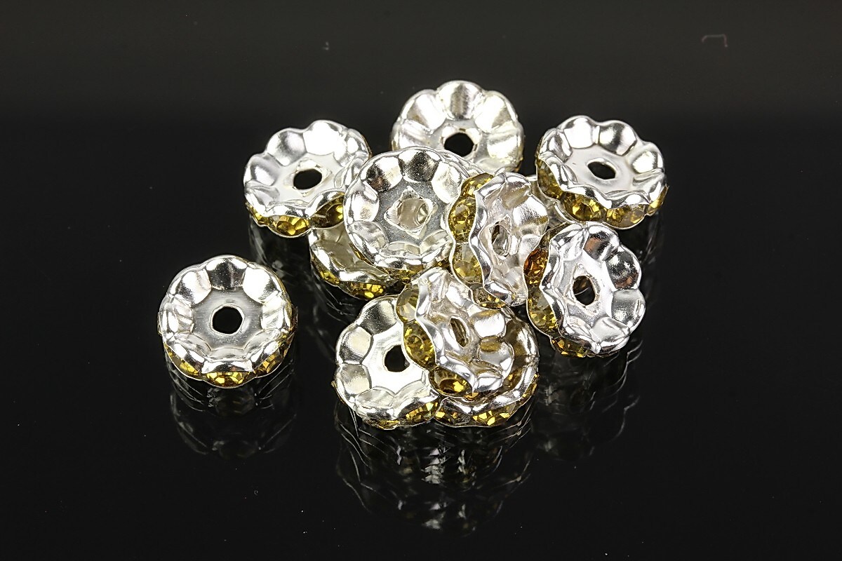 Distantiere argintii floare cu rhinestones olive 10mm (3,5x10mm)