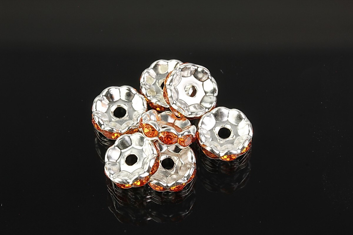 Distantiere argintii floare cu rhinestones portocalii 10mm (3,5x10mm)