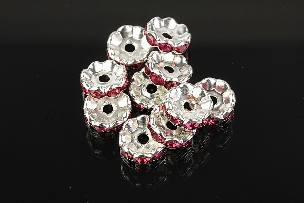 Distantiere argintii floare cu rhinestones fucsia 10mm (3,5x10mm)