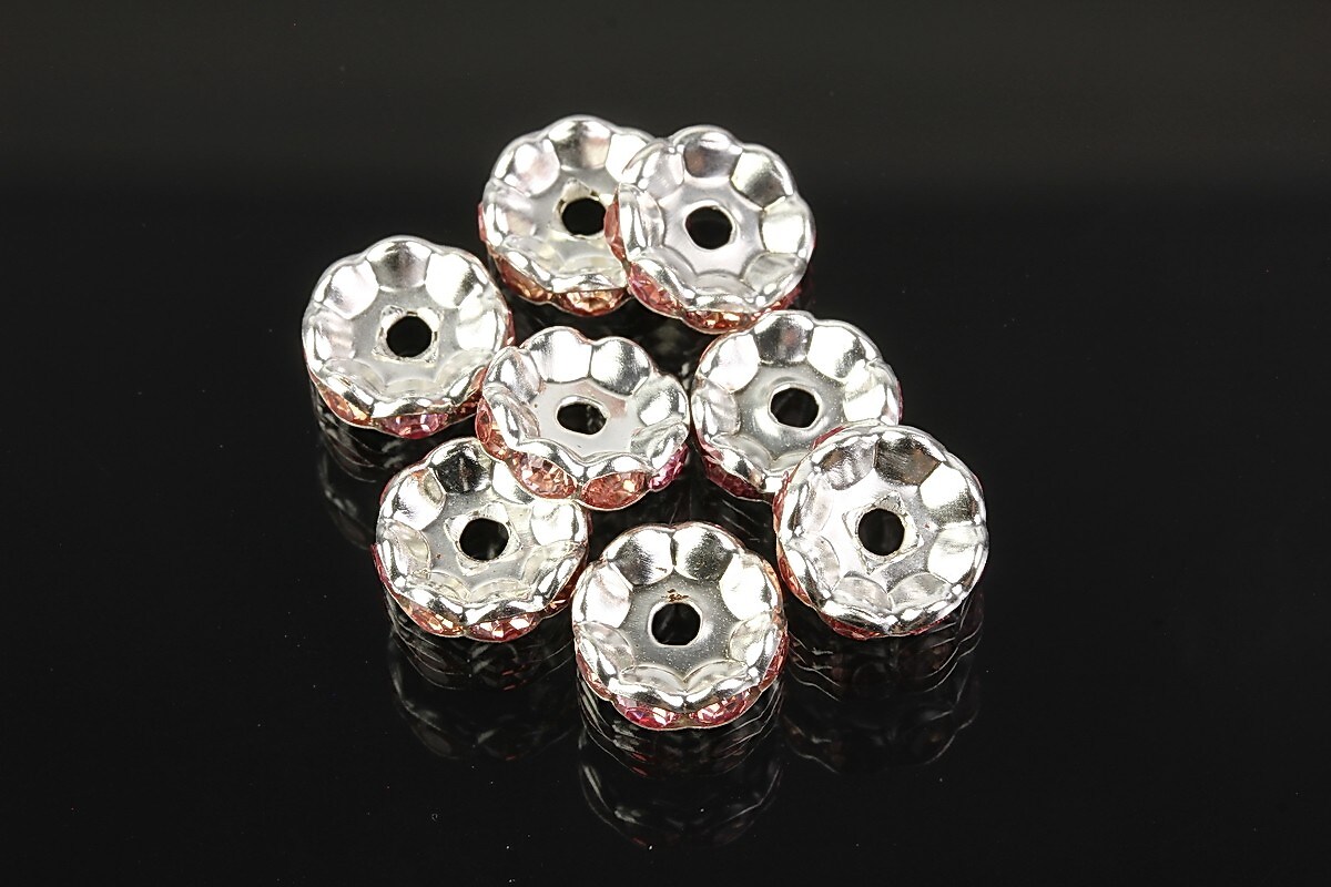 Distantiere argintii floare cu rhinestones roz 10mm (3,5x10mm)