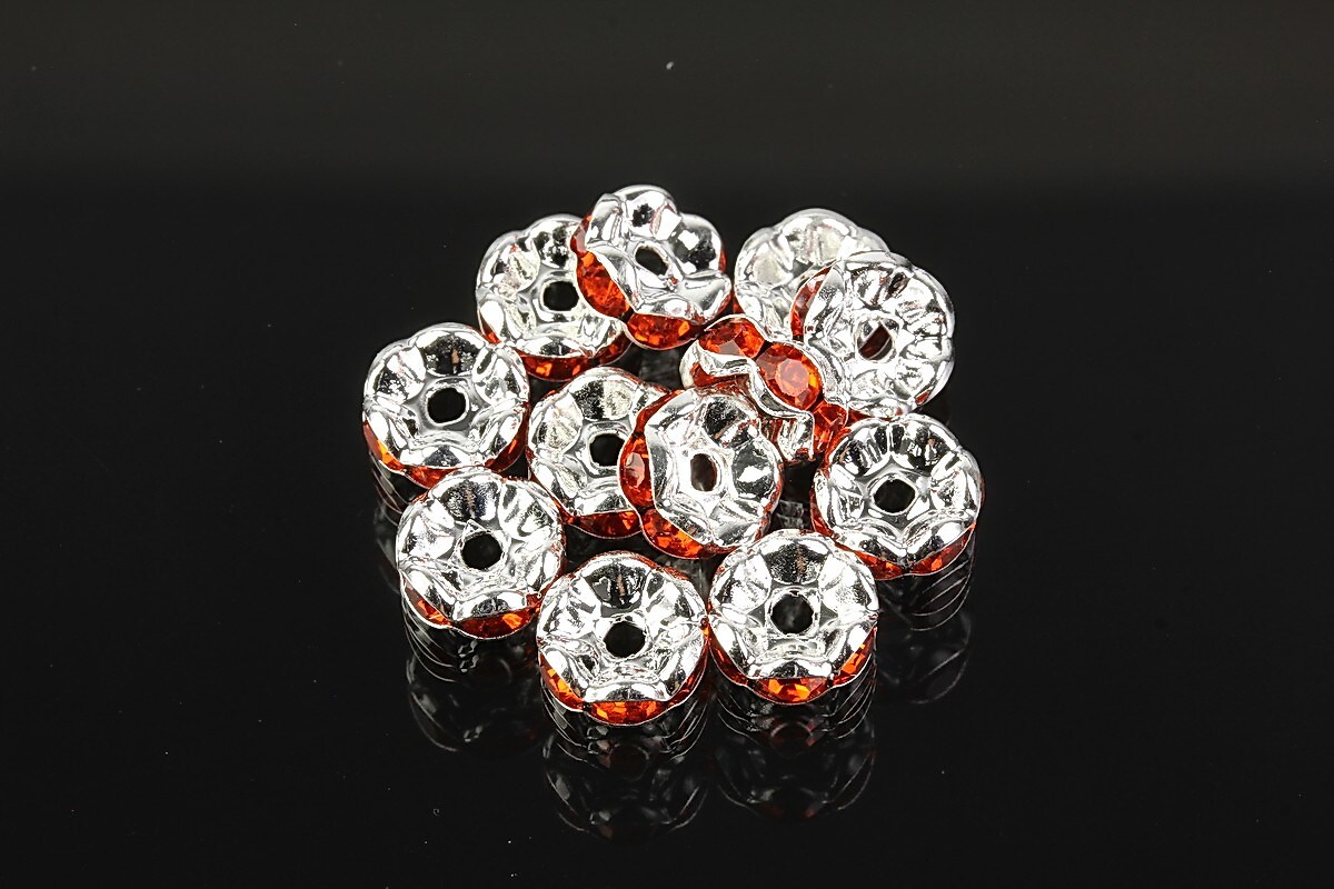Distantiere argintii floare cu rhinestones rosu deschis 8mm (3,5x8mm)