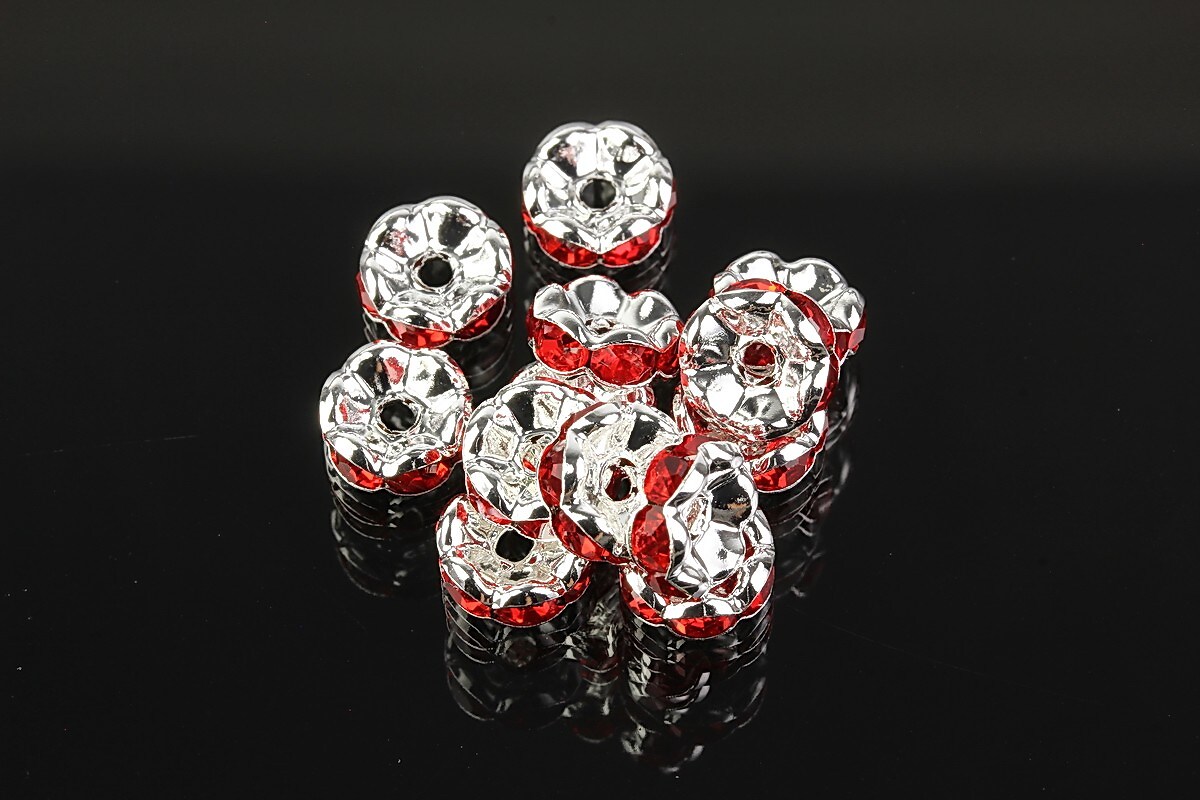Distantiere argintii floare cu rhinestones rosii 8mm (3,5x8mm)