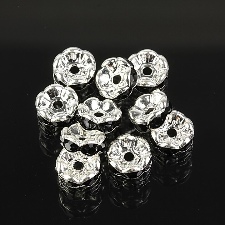 Distantiere argintii floare cu rhinestones negre 8mm (3,5x8mm)