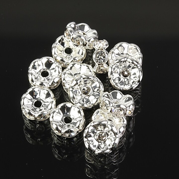 Distantiere argintii floare cu rhinestones albe 8mm (3,5x8mm)