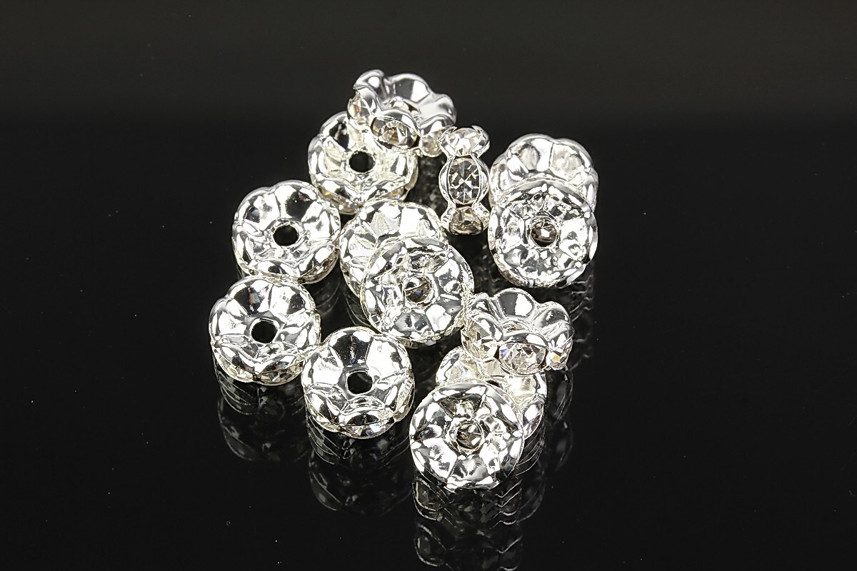 Distantiere argintii floare cu rhinestones albe 8mm (3,5x8mm)