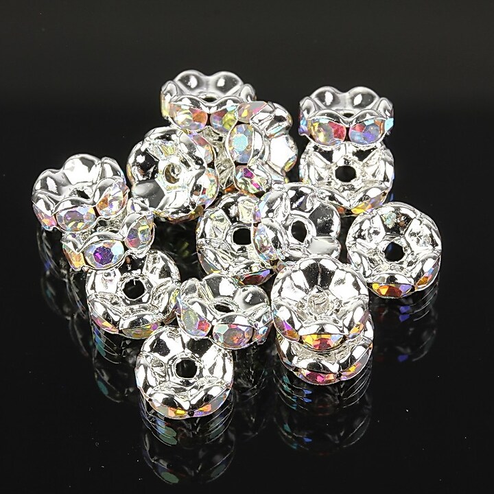 Distantiere argintii floare cu rhinestones alb AB 8mm (3,5x8mm)