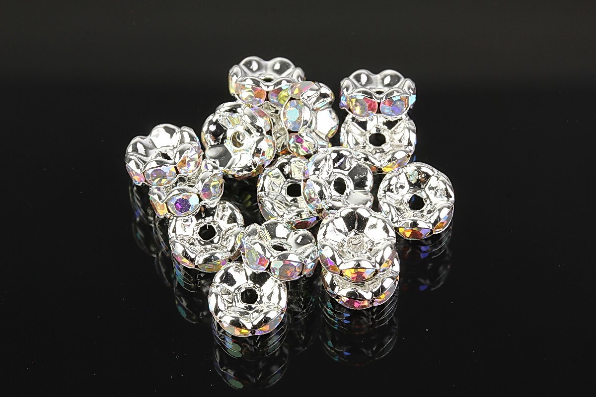 Distantiere argintii floare cu rhinestones alb AB 8mm (3,5x8mm)