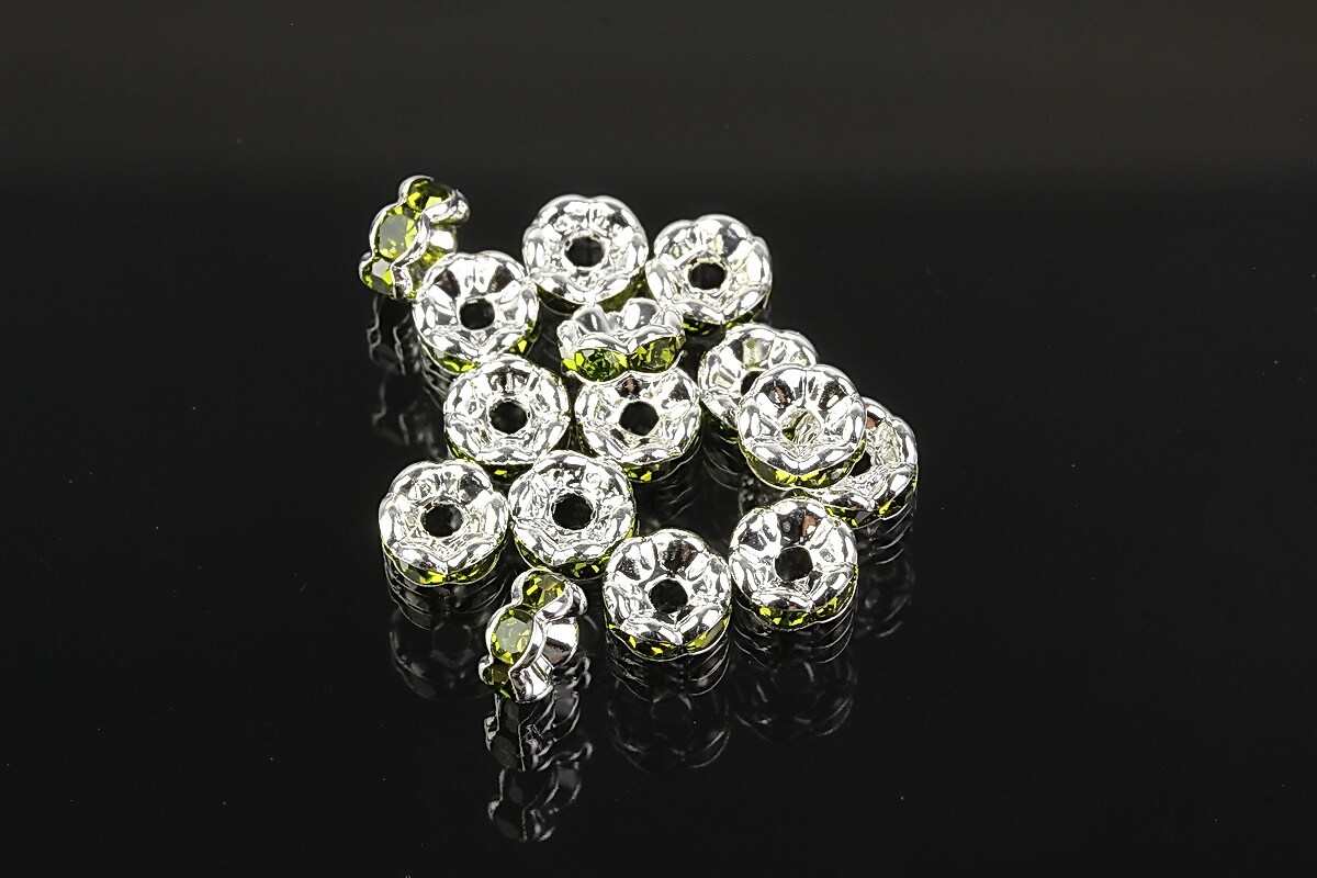 Distantiere argintii floare cu rhinestones verde olive 6mm (3x6mm)