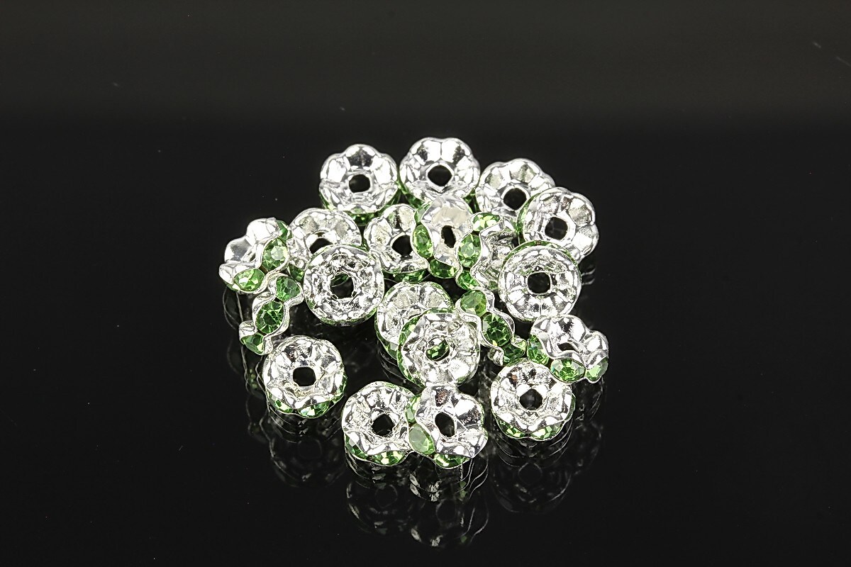 Distantiere argintii floare cu rhinestones verzi 6mm (3x6mm)