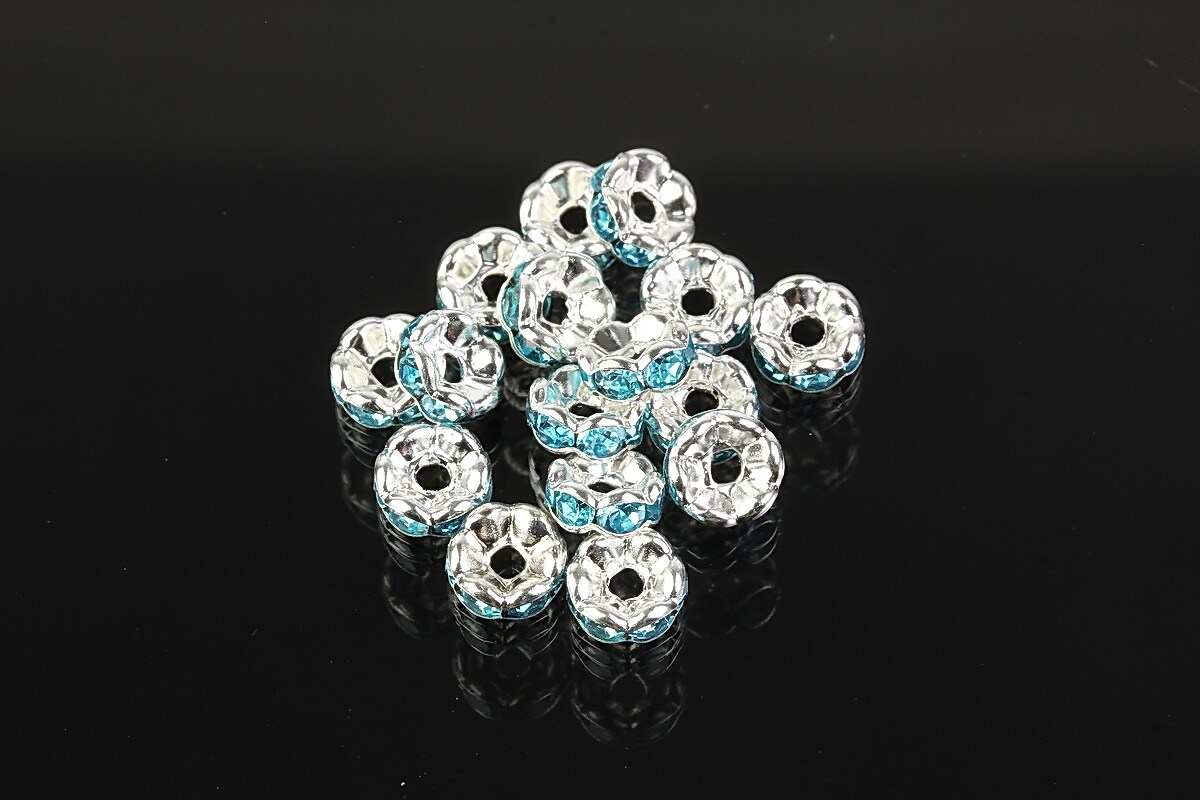 Distantiere argintii floare cu rhinestones bleu 6mm (3x6mm)