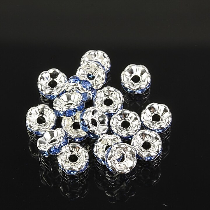 Distantiere argintii floare cu rhinestones albastre 6mm (3x6mm)
