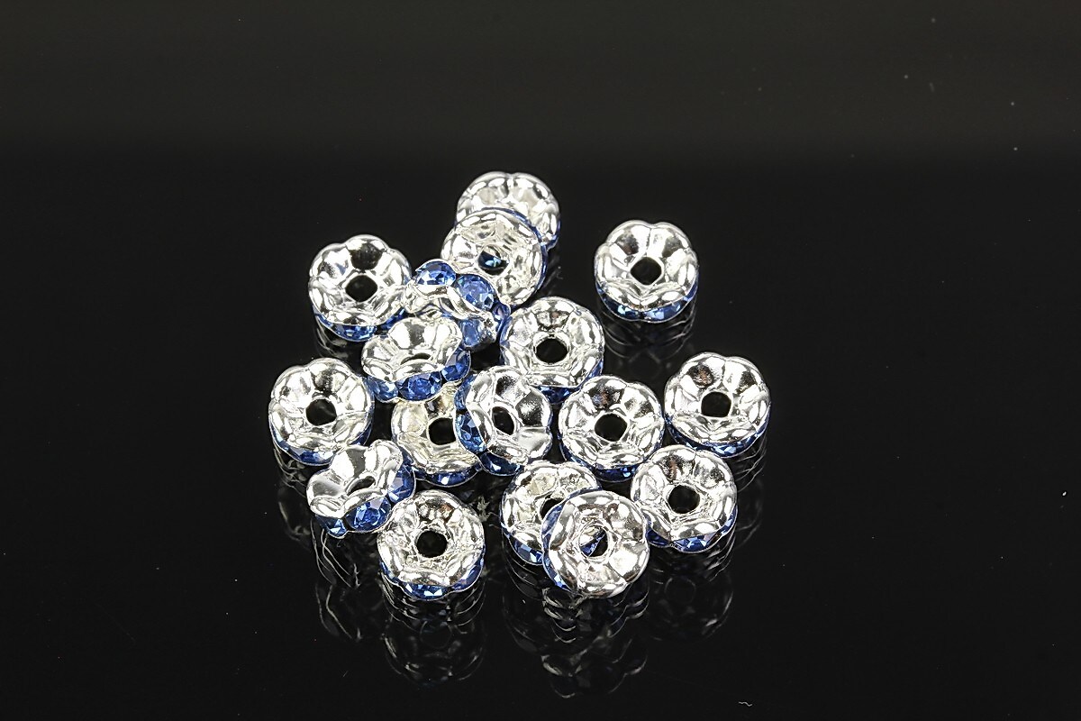 Distantiere argintii floare cu rhinestones albastre 6mm (3x6mm)