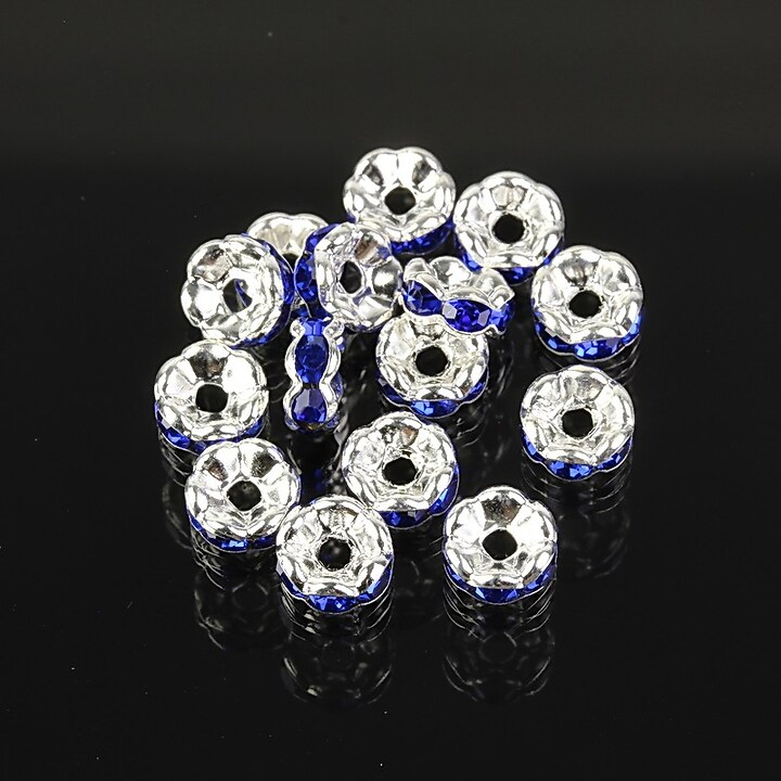 Distantiere argintii floare cu rhinestones albastru cobalt 6mm (3x6mm)