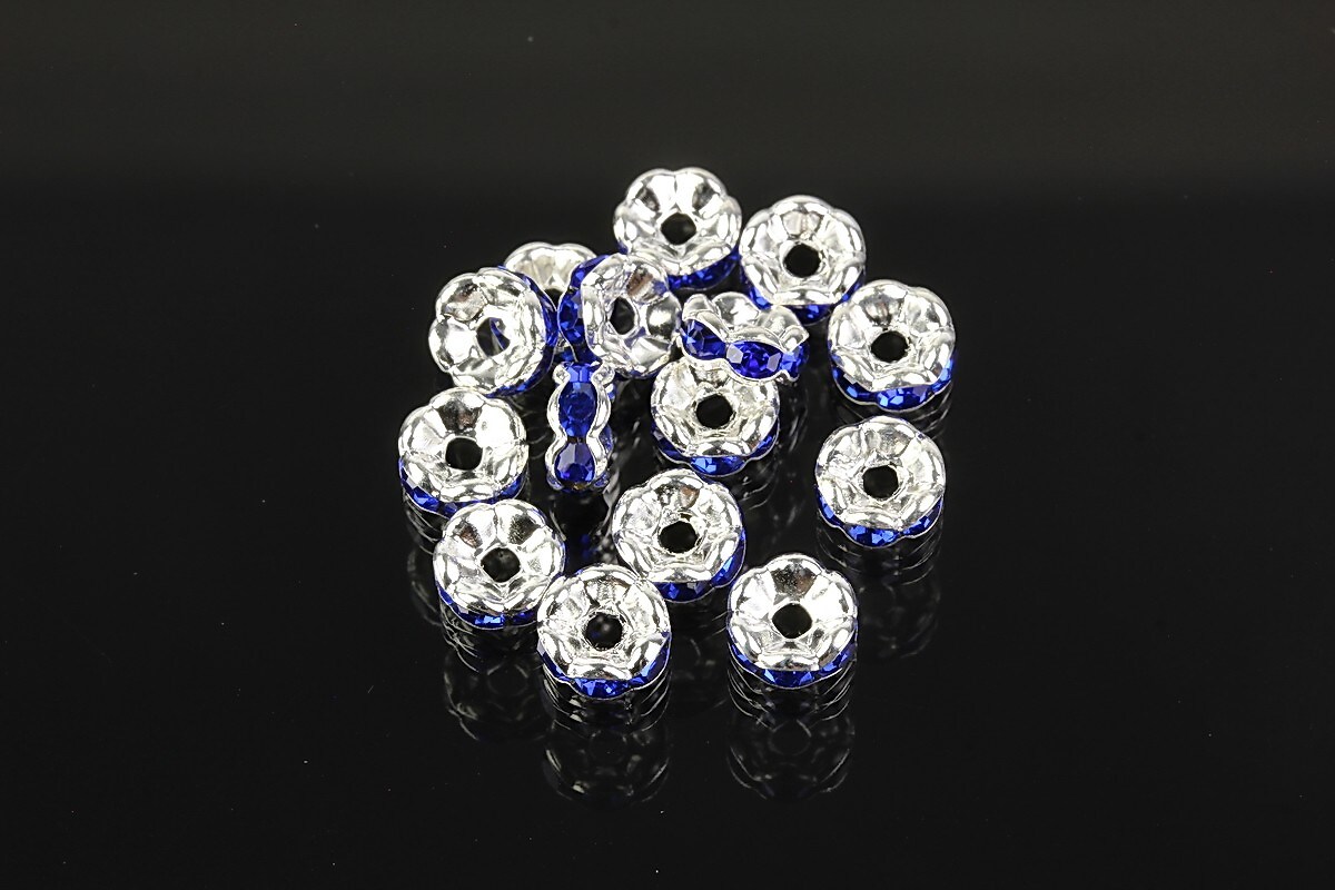 Distantiere argintii floare cu rhinestones albastru cobalt 6mm (3x6mm)