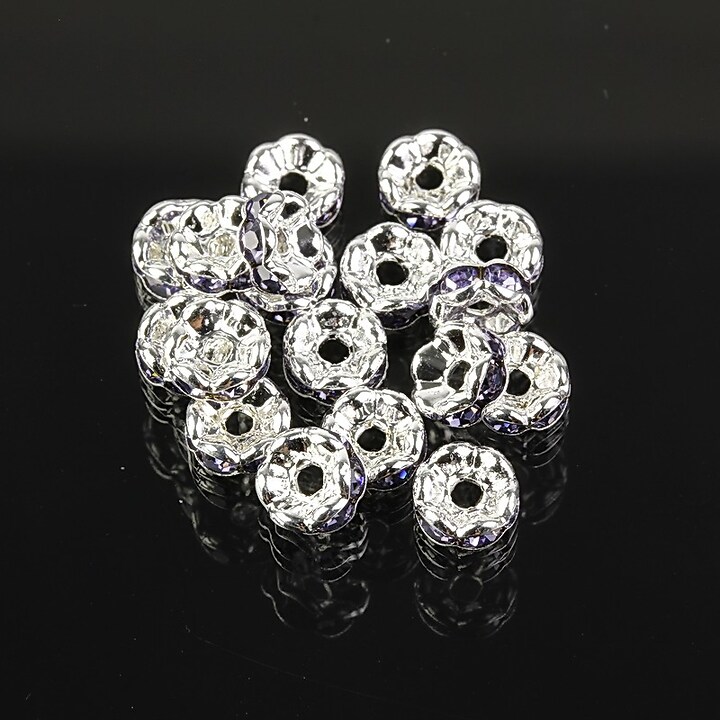 Distantiere argintii floare cu rhinestones mov 6mm (3x6mm)