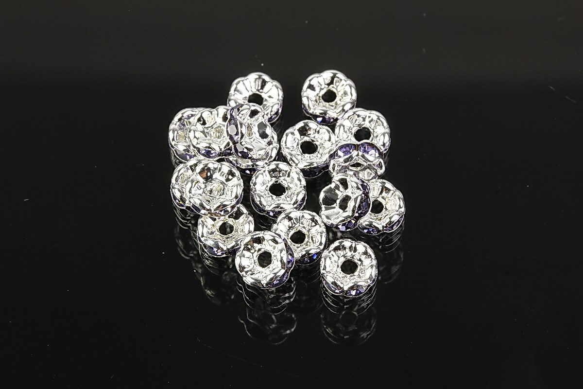 Distantiere argintii floare cu rhinestones mov 6mm (3x6mm)