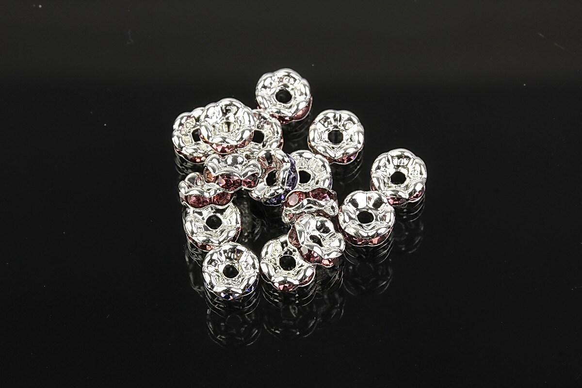 Distantiere argintii floare cu rhinestones grena 6mm (3x6mm)