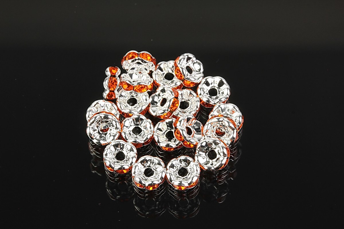 Distantiere argintii floare cu rhinestones portocalii 6mm (3x6mm)