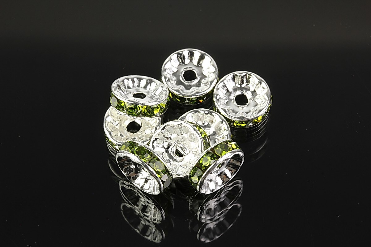Distantiere argintii cu rhinestones verde olive 10mm (3,5x10mm)