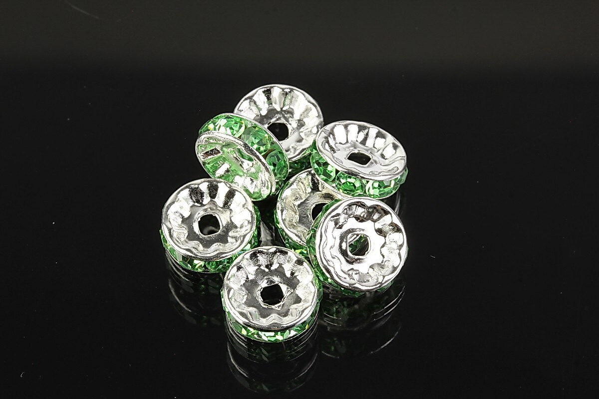 Distantiere argintii cu rhinestones verzi 10mm (3,5x10mm)