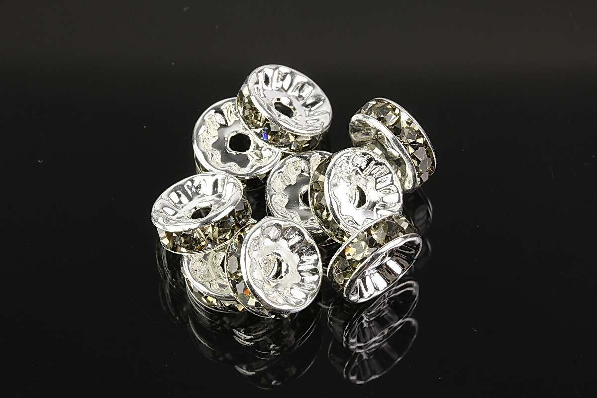 Distantiere argintii cu rhinestones gri 10mm (3,5x10mm)