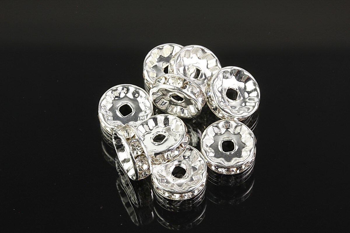 Distantiere argintii cu rhinestones albe 10mm (3,5x10mm)