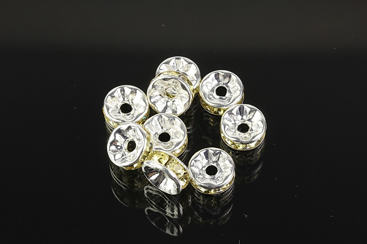 Distantiere argintii cu rhinestones galben deschis 8mm (3,5x8mm)