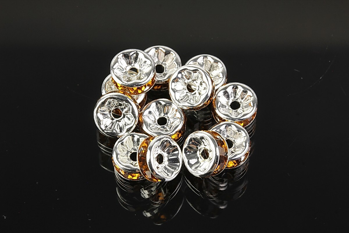Distantiere argintii cu rhinestones maro deschis 8mm (3,5x8mm)