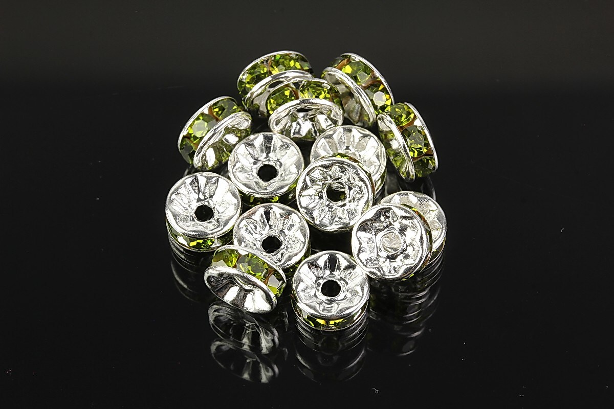 Distantiere argintii cu rhinestones verde olive 8mm (3,5x8mm)