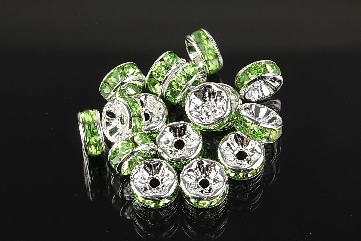 Distantiere argintii cu rhinestones verzi 8mm (3,5x8mm)