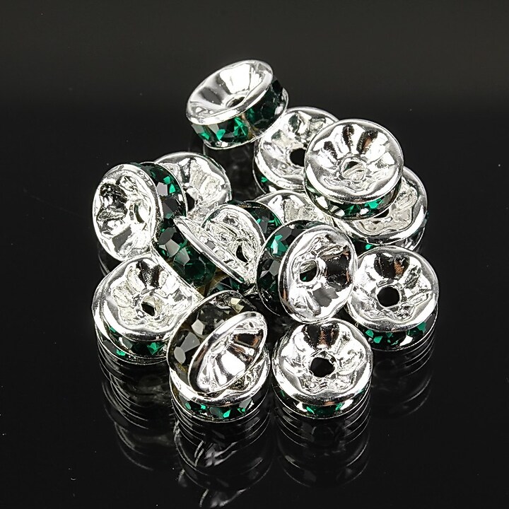 Distantiere argintii cu rhinestones verde inchis 8mm (3,5x8mm)