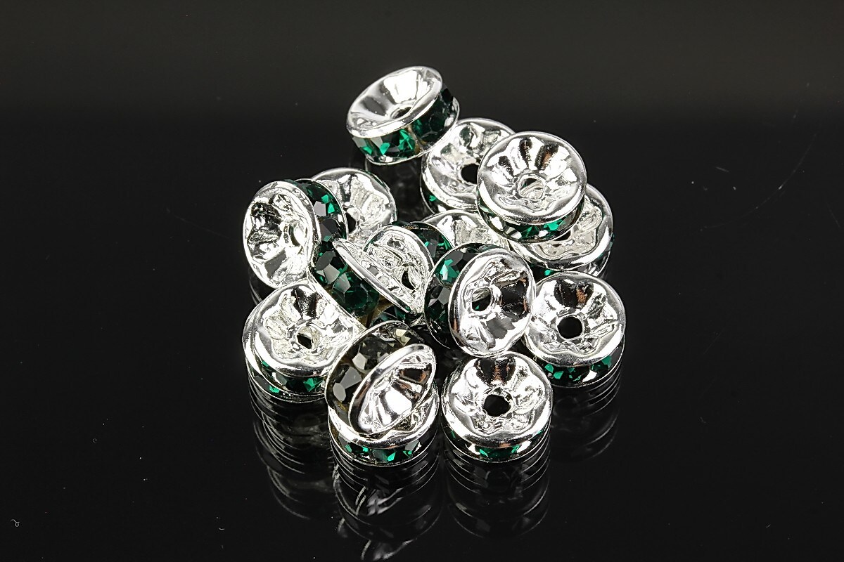 Distantiere argintii cu rhinestones verde inchis 8mm (3,5x8mm)