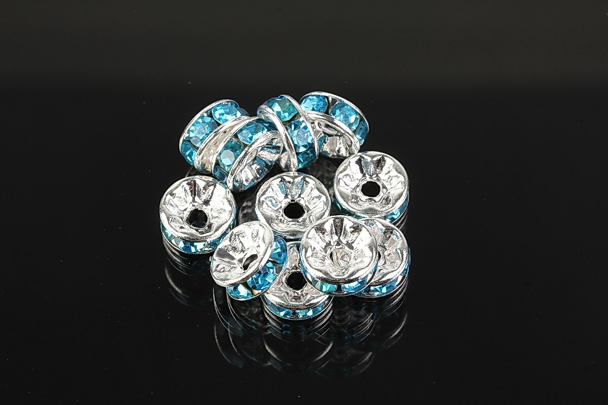 Distantiere argintii cu rhinestones bleu 8mm (3,5x8mm)