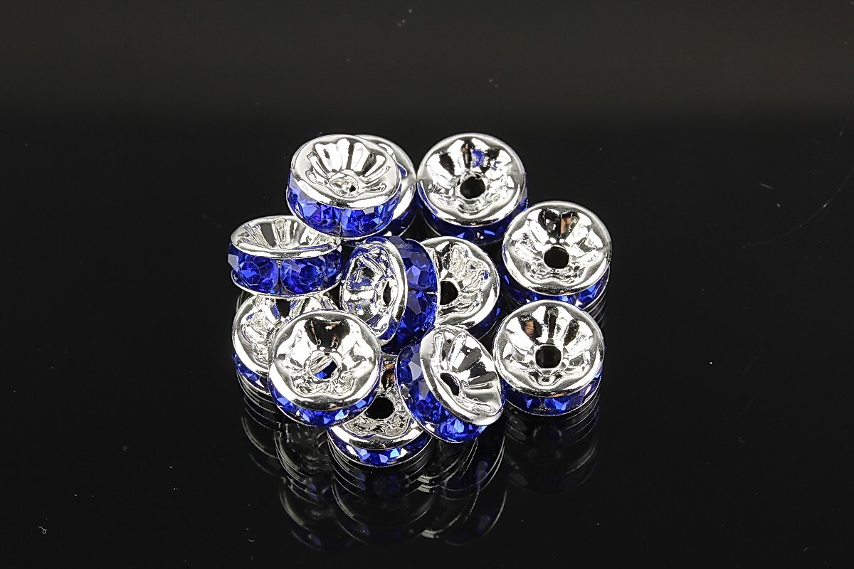 Distantiere argintii cu rhinestones albastru cobalt 8mm (3,5x8mm)