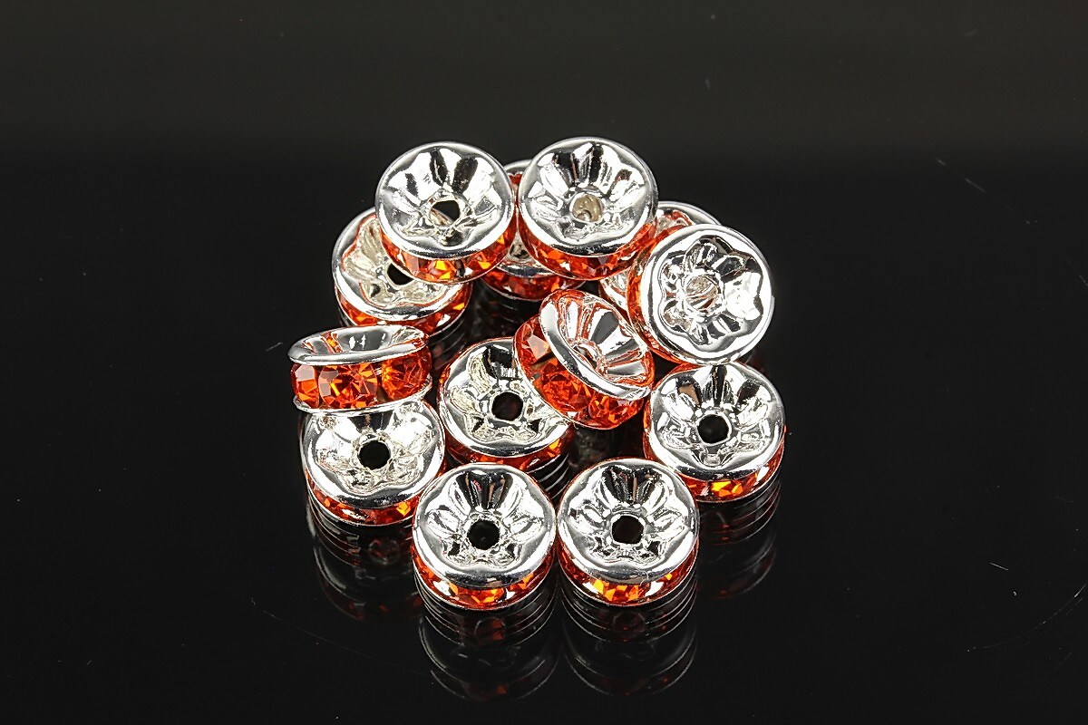 Distantiere argintii cu rhinestones portocalii 8mm (3,5x8mm)