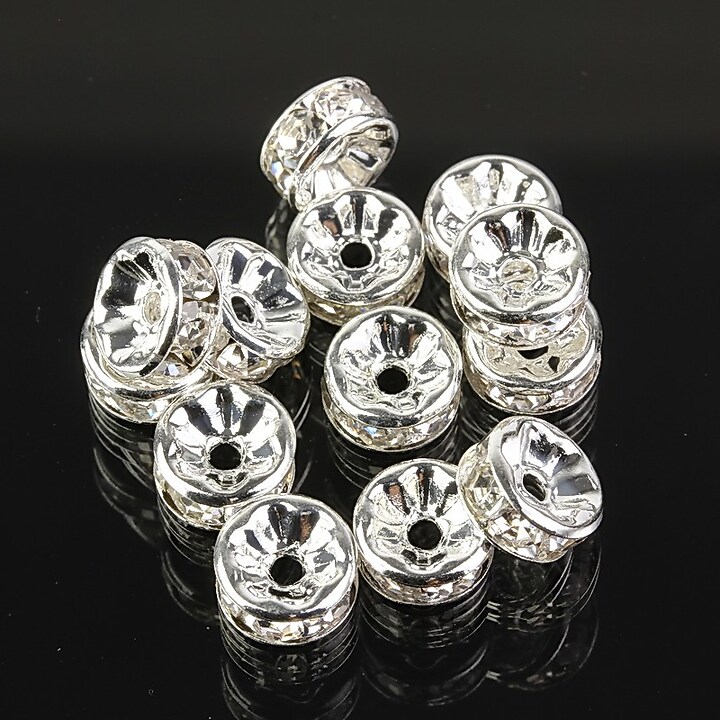 Distantiere argintii cu rhinestones albe 8mm (3,5x8mm)