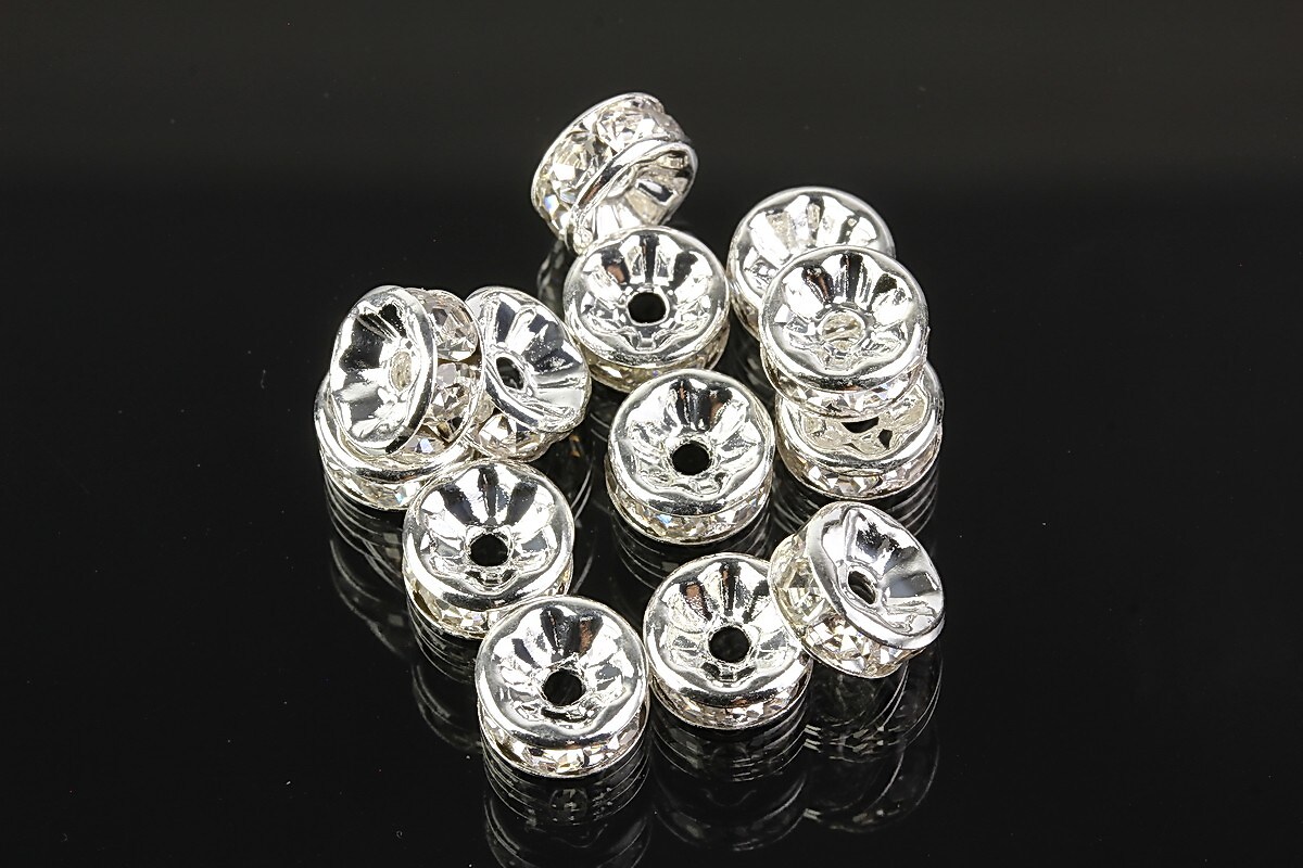 Distantiere argintii cu rhinestones albe 8mm (3,5x8mm)