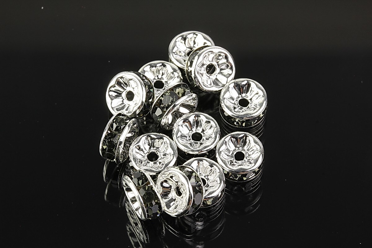 Distantiere argintii cu rhinestones gri inchis 8mm (3,5x8mm)