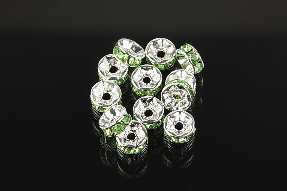Distantiere argintii cu rhinestones verzi 7mm (3,2x7mm)