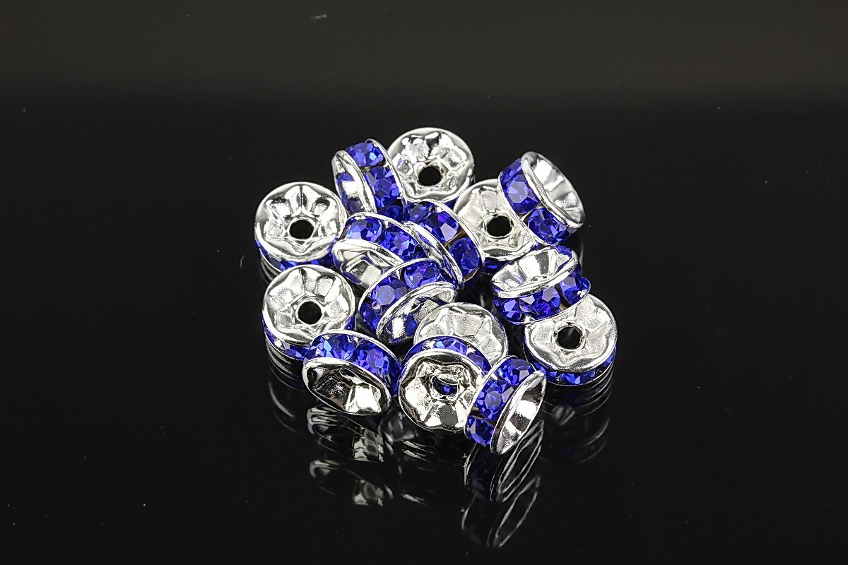 Distantiere argintii cu rhinestones albastru cobalt 7mm (3,2x7mm)