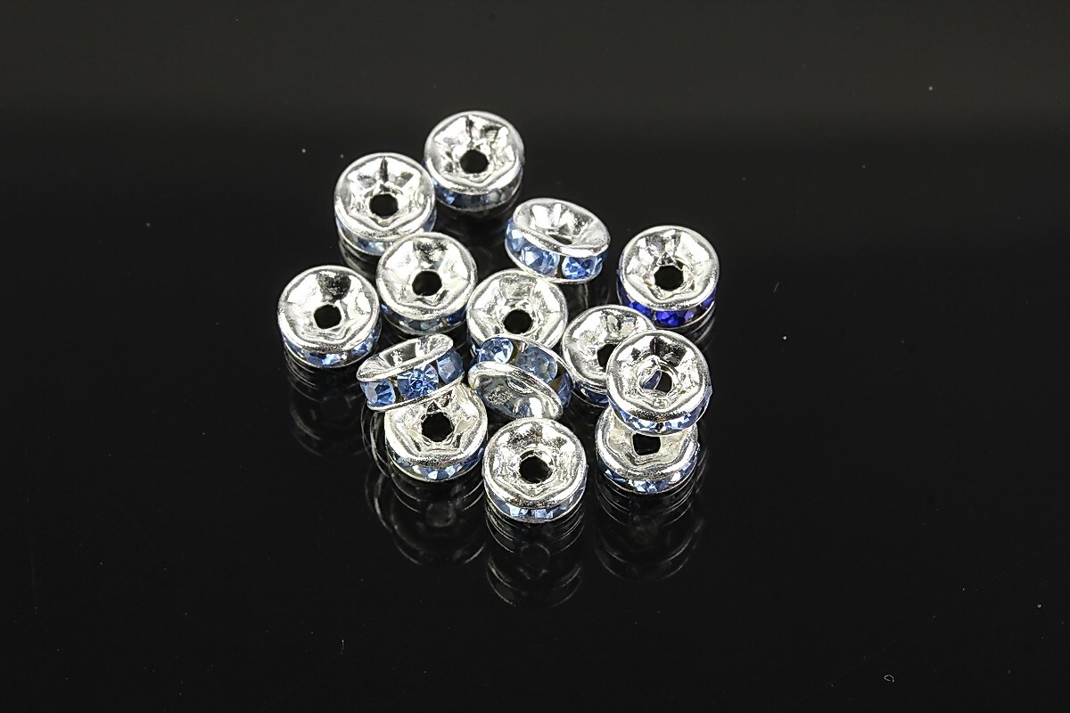 Distantiere argintii cu rhinestones albastre 6mm (3x6mm)